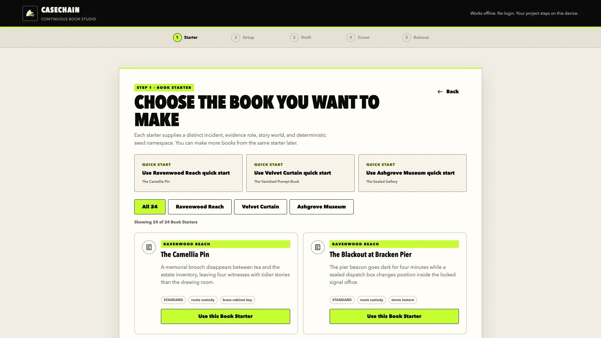 CaseChain library of 24 ready-to-use Book Starters across three story worlds
