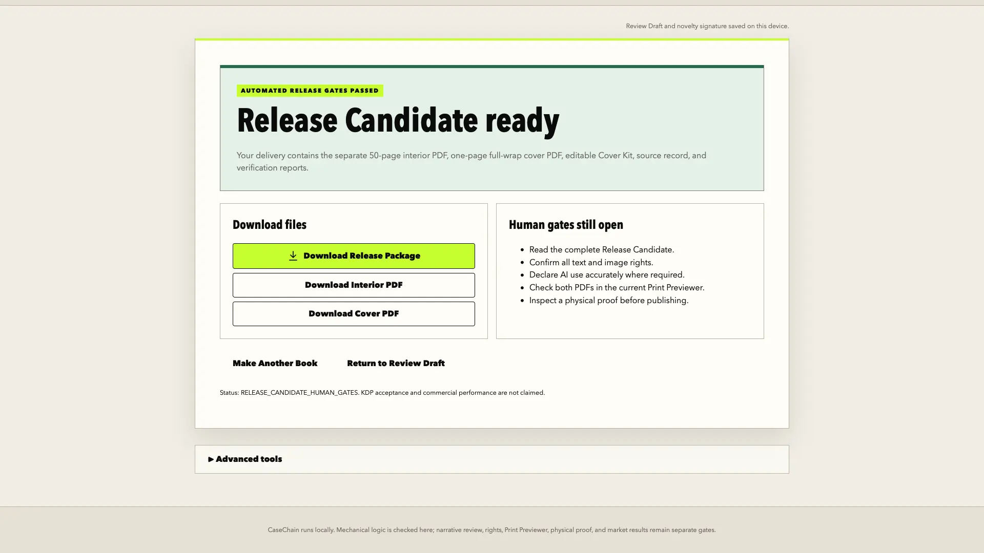 CaseChain release panel with separated reader files and verification records