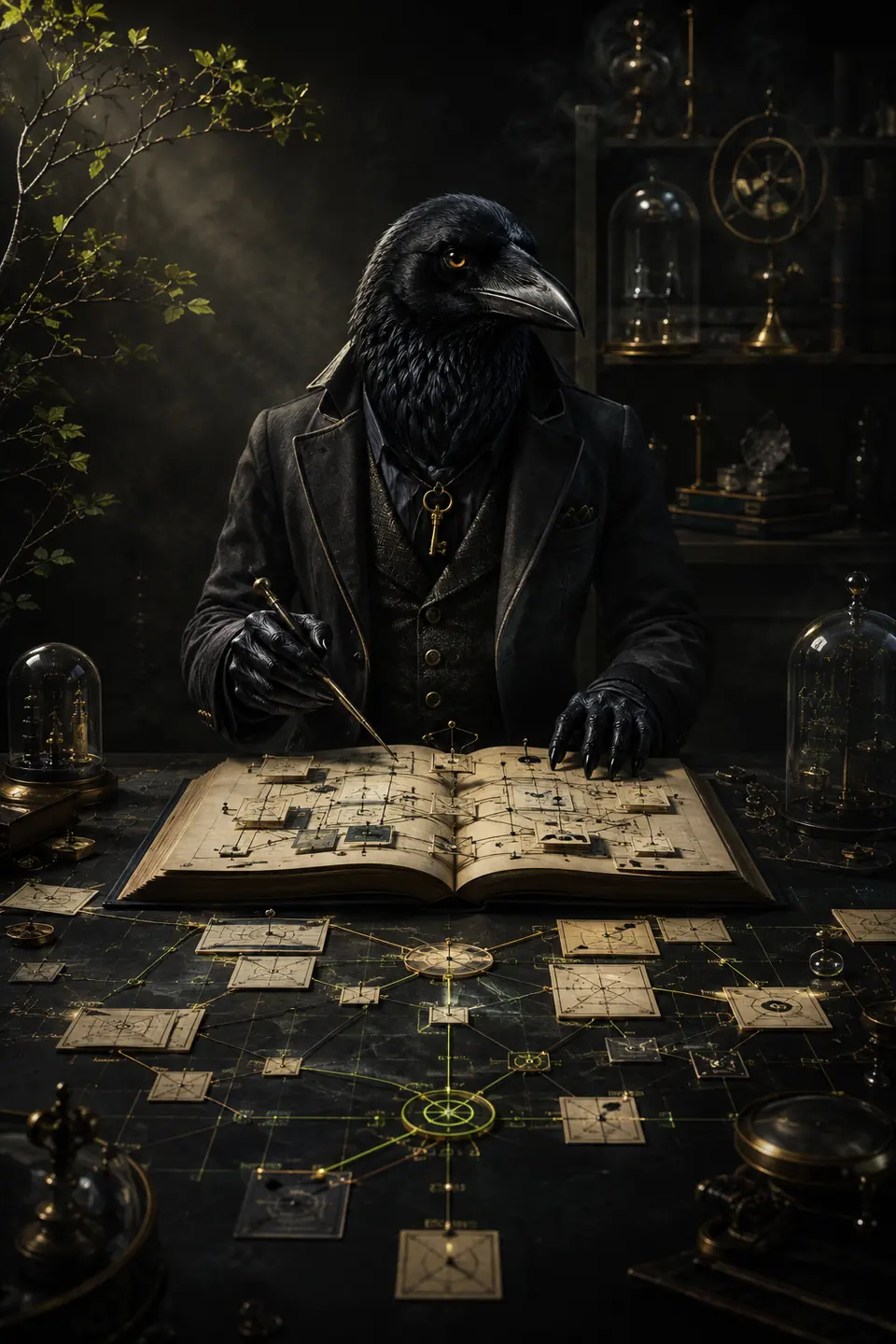 Rook, the CaseChain raven archivist, linking clues across an open mystery puzzle book