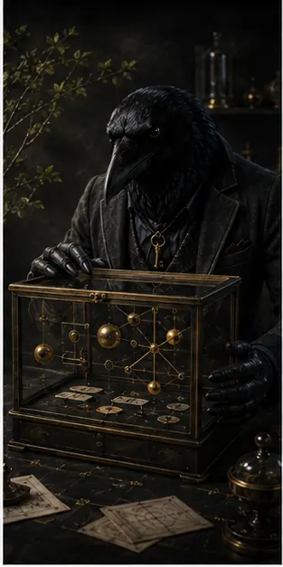 Rook guards a brass key beside a sealed archive box